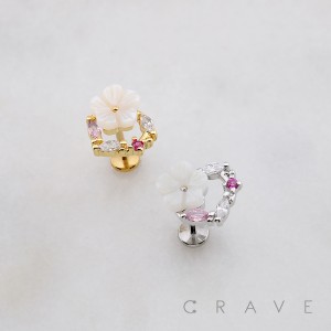 WHITE FLOWER MARQUISE BRANCH THREADLESS (PUSH IN) 316L SURGICAL STEEL LABRET SET